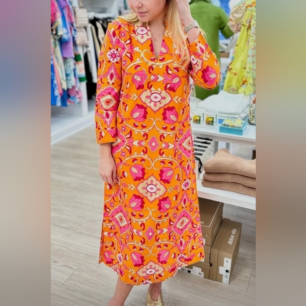 Orange Print Open Neck Dress Size Medium
